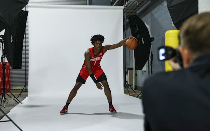 Rockets Amen Thompson during Rockets media day at Toyota Center. Mandatory Credit: Troy Taormina-USA TODAY Sports